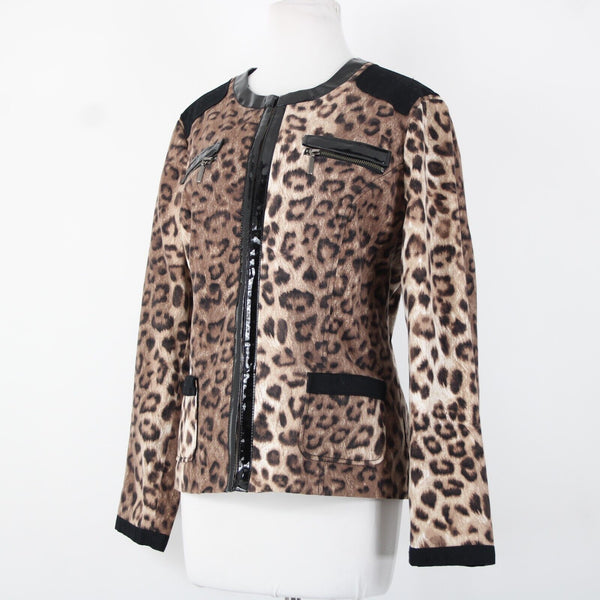Chicos Sz 2 Brown Black Animal Print Faux Leather Trim Cotton Poly Jacket