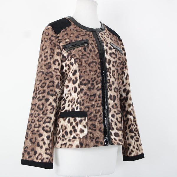 Chicos Sz 2 Brown Black Animal Print Faux Leather Trim Cotton Poly Jacket