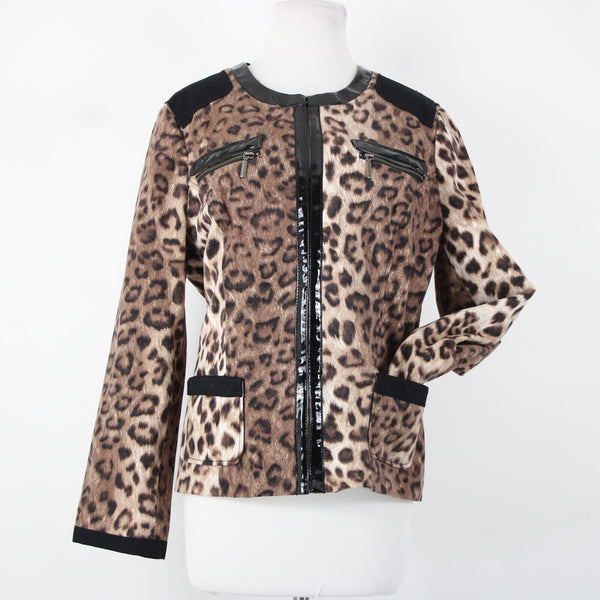 Chicos Sz 2 Brown Black Animal Print Faux Leather Trim Cotton Poly Jacket