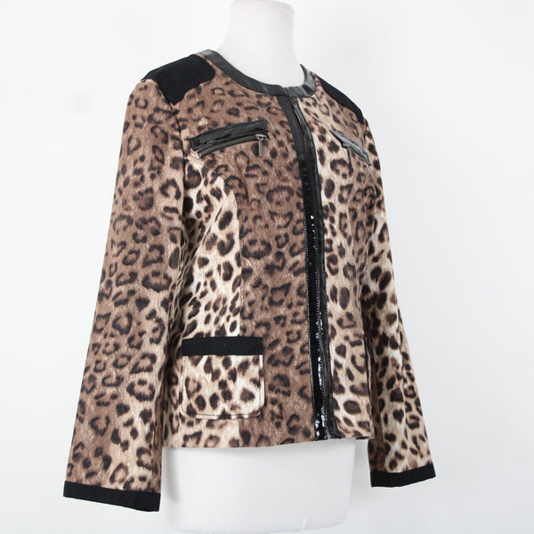 Chicos Sz 2 Brown Black Animal Print Faux Leather Trim Cotton Poly Jacket