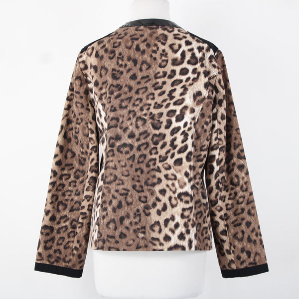 Chicos Sz 2 Brown Black Animal Print Faux Leather Trim Cotton Poly Jacket