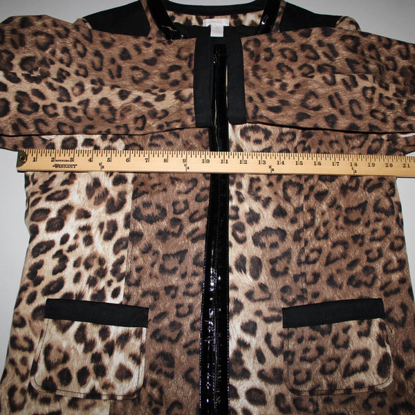 Chicos Sz 2 Brown Black Animal Print Faux Leather Trim Cotton Poly Jacket