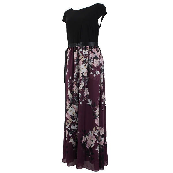 SLNY Dress Sz 14 Black Purple Multi Color Floral Maxi Polyester Spandex Dress
