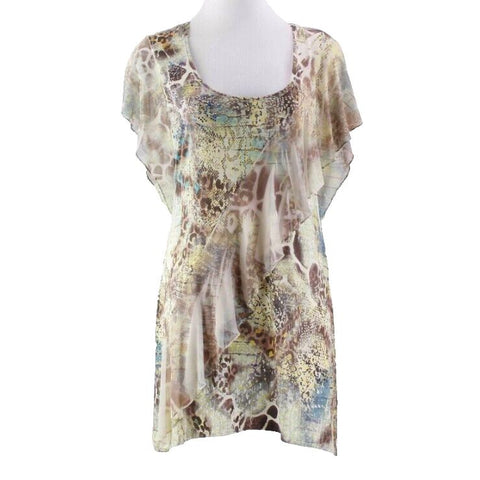 Style Co Sz M Tan Green Gold Flutter Sleeves Ruffle Poly Blnd Mix Media Top