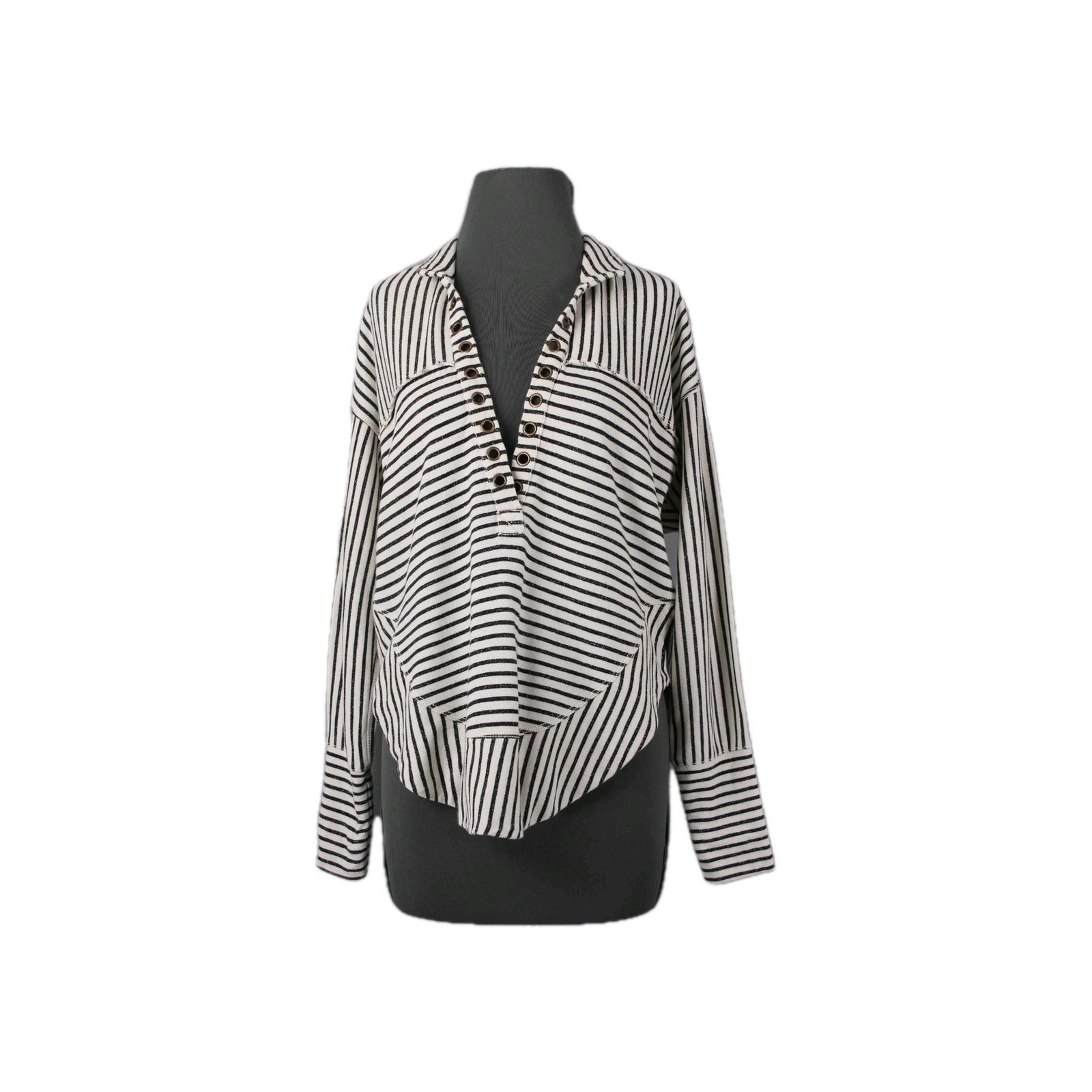 Pilcro Sz XXS Cream Black Striped 100% Cotton Oversize Rivet Sweatshirt Sweater