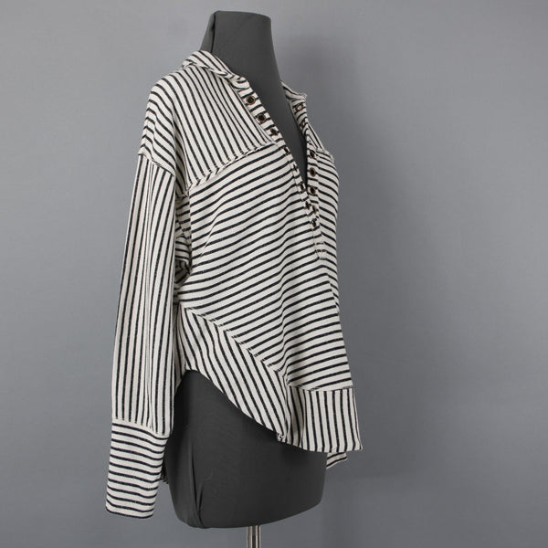 Pilcro Sz XXS Cream Black Striped 100% Cotton Oversize Rivet Sweatshirt Sweater