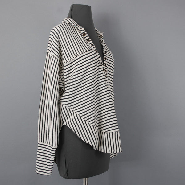 Pilcro Sz XXS Cream Black Striped 100% Cotton Oversize Rivet Sweatshirt Sweater