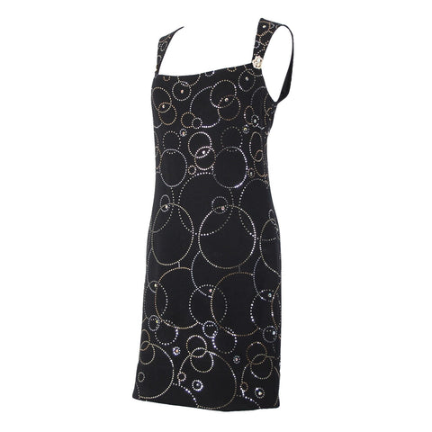 St John Evening Sz 6 Black Silver Gold Paillette Rhinestones Santana Knit Dress