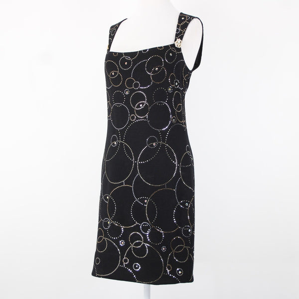 St John Evening Sz 6 Black Silver Gold Paillette Rhinestones Santana Knit Dress