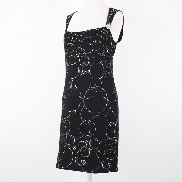 St John Evening Sz 6 Black Silver Gold Paillette Rhinestones Santana Knit Dress