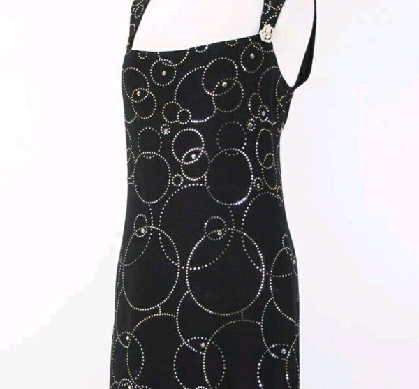 St John Evening Sz 6 Black Silver Gold Paillette Rhinestones Santana Knit Dress