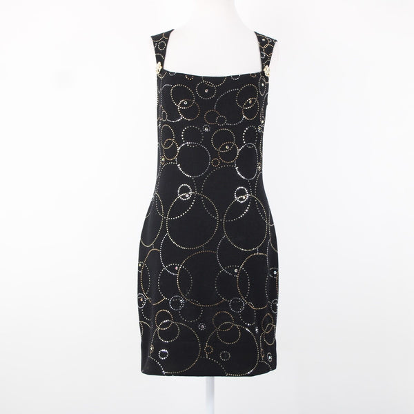 St John Evening Sz 6 Black Silver Gold Paillette Rhinestones Santana Knit Dress