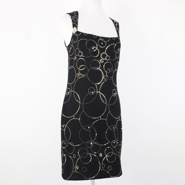 St John Evening Sz 6 Black Silver Gold Paillette Rhinestones Santana Knit Dress