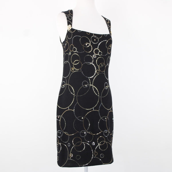 St John Evening Sz 6 Black Silver Gold Paillette Rhinestones Santana Knit Dress