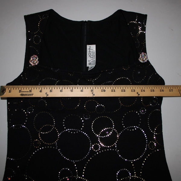 St John Evening Sz 6 Black Silver Gold Paillette Rhinestones Santana Knit Dress