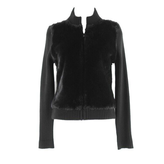 Lauren Hansen Sz S Black Zip Faux Fur Ribbed Knit Acrylic Poly Blend Jacket