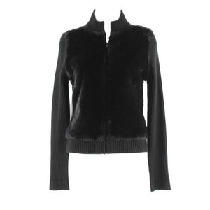 Lauren Hansen Sz S Black Zip Faux Fur Ribbed Knit Acrylic Poly Blend Jacket