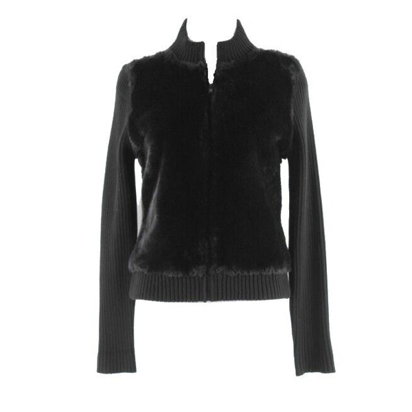 Lauren Hansen Sz S Black Zip Faux Fur Ribbed Knit Acrylic Poly Blend Jacket