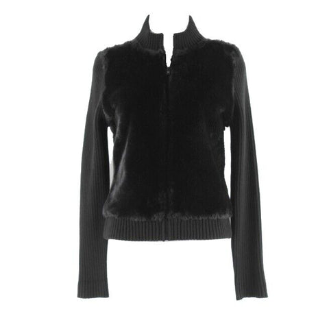 Lauren Hansen Sz S Black Zip Faux Fur Ribbed Knit Acrylic Poly Blend Jacket