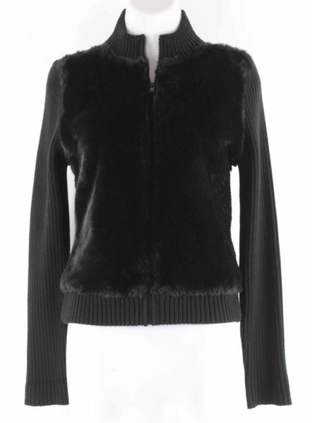 Lauren Hansen Sz S Black Zip Faux Fur Ribbed Knit Acrylic Poly Blend Jacket