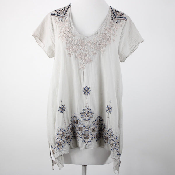 Johnny Was Sz M Taupe Tan Navy Embroidered V Cut 100% Cotton Polyester Top