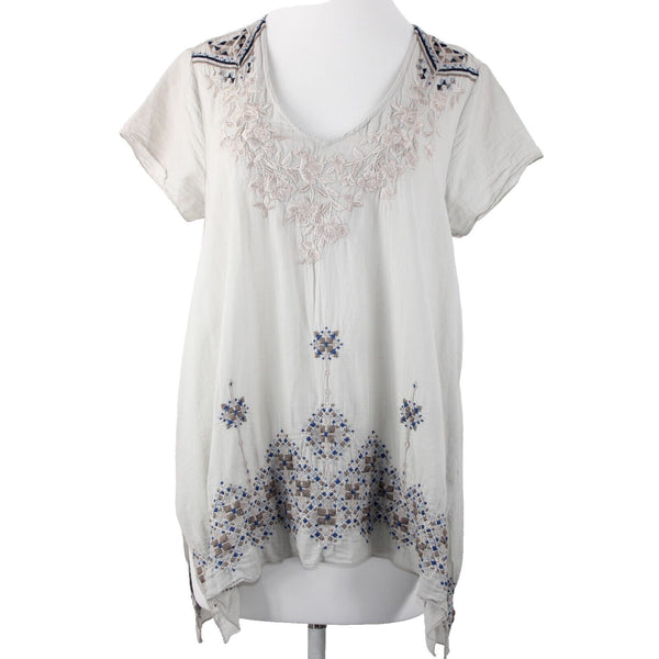 Johnny Was Sz M Taupe Tan Navy Embroidered V Cut 100% Cotton Polyester Top