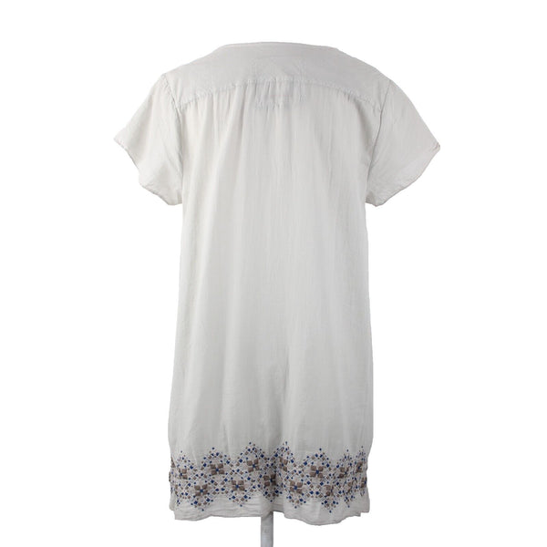 Johnny Was Sz M Taupe Tan Navy Embroidered V Cut 100% Cotton Polyester Top