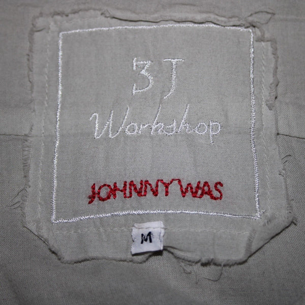 Johnny Was Sz M Taupe Tan Navy Embroidered V Cut 100% Cotton Polyester Top