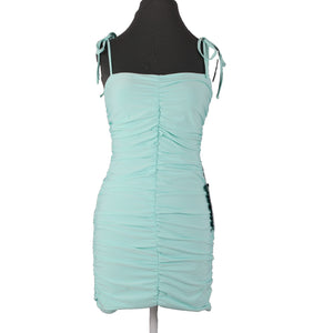B Darlin NEW Sz 5/6 Slim Aqua Blue Ruching Tie Straps Bodycon Poly Spandex Dress