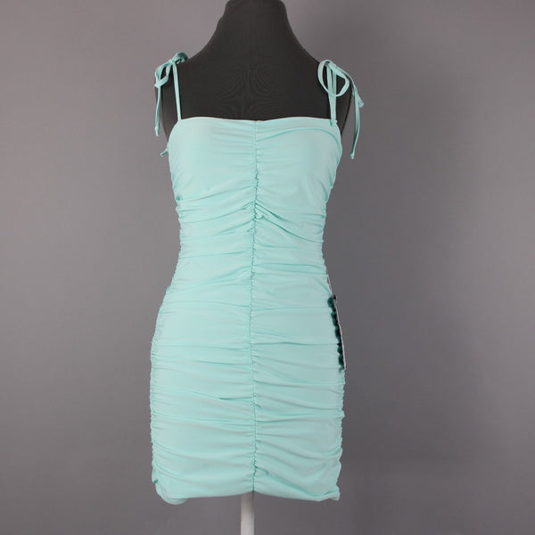 B Darlin NEW Sz 5/6 Slim Aqua Blue Ruching Tie Straps Bodycon Poly Spandex Dress