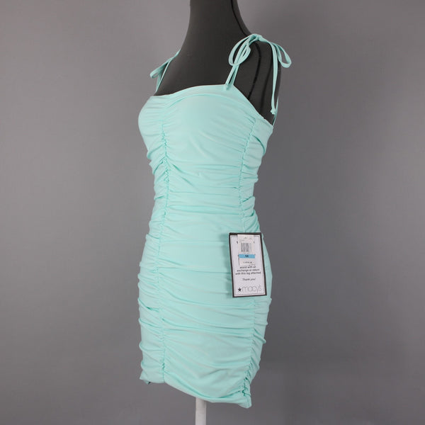 B Darlin NEW Sz 5/6 Slim Aqua Blue Ruching Tie Straps Bodycon Poly Spandex Dress