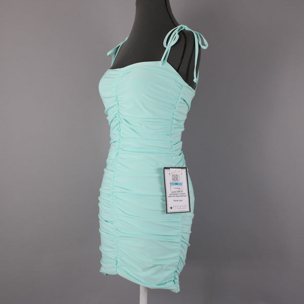 B Darlin NEW Sz 5/6 Slim Aqua Blue Ruching Tie Straps Bodycon Poly Spandex Dress