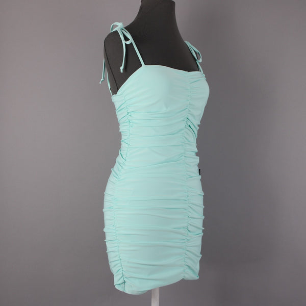 B Darlin NEW Sz 5/6 Slim Aqua Blue Ruching Tie Straps Bodycon Poly Spandex Dress