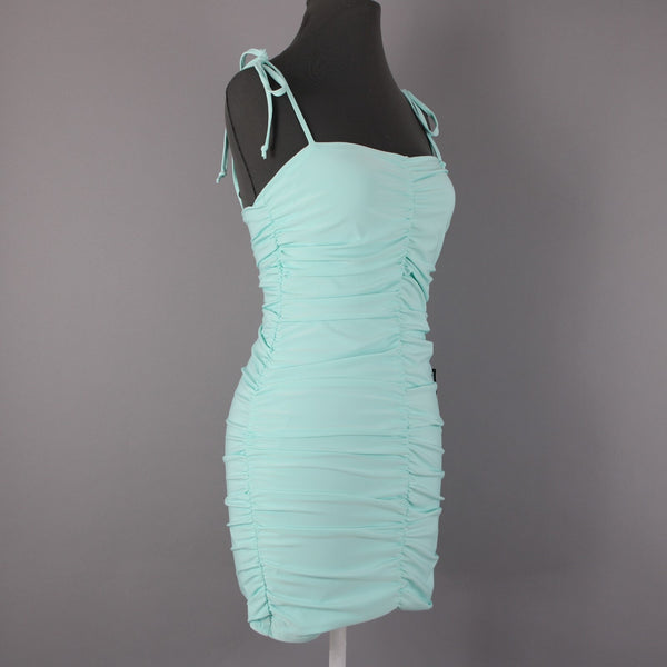 B Darlin NEW Sz 5/6 Slim Aqua Blue Ruching Tie Straps Bodycon Poly Spandex Dress