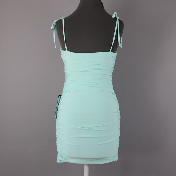 B Darlin NEW Sz 5/6 Slim Aqua Blue Ruching Tie Straps Bodycon Poly Spandex Dress