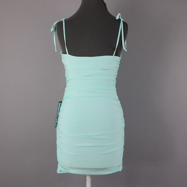 B Darlin NEW Sz 5/6 Slim Aqua Blue Ruching Tie Straps Bodycon Poly Spandex Dress
