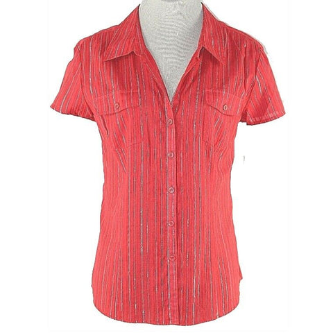 Style Co NEW Sz 16 Dark Red Silver Pinstripe Cotton Blend Button Top