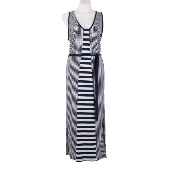 Nautica Dress Sz XL Navy Blue White Striped With Belt V Neck Maxi Cotton Dress