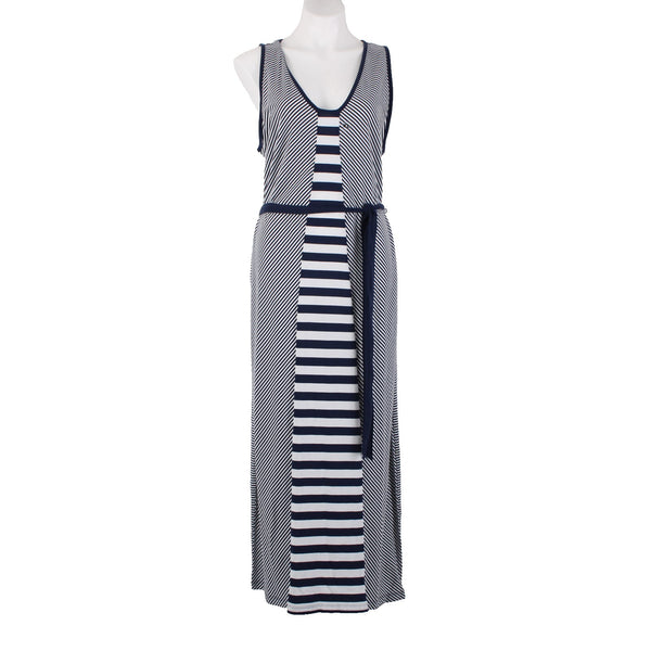 Nautica Dress Sz XL Navy Blue White Striped With Belt V Neck Maxi Cotton Dress