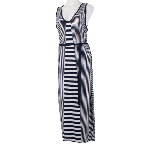 Nautica Dress Sz XL Navy Blue White Striped With Belt V Neck Maxi Cotton Dress