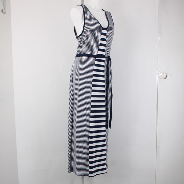 Nautica Dress Sz XL Navy Blue White Striped With Belt V Neck Maxi Cotton Dress
