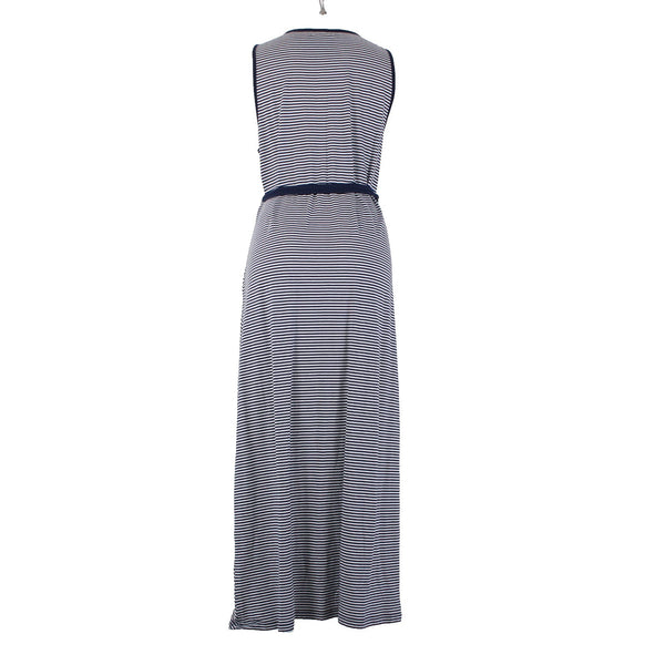 Nautica Dress Sz XL Navy Blue White Striped With Belt V Neck Maxi Cotton Dress