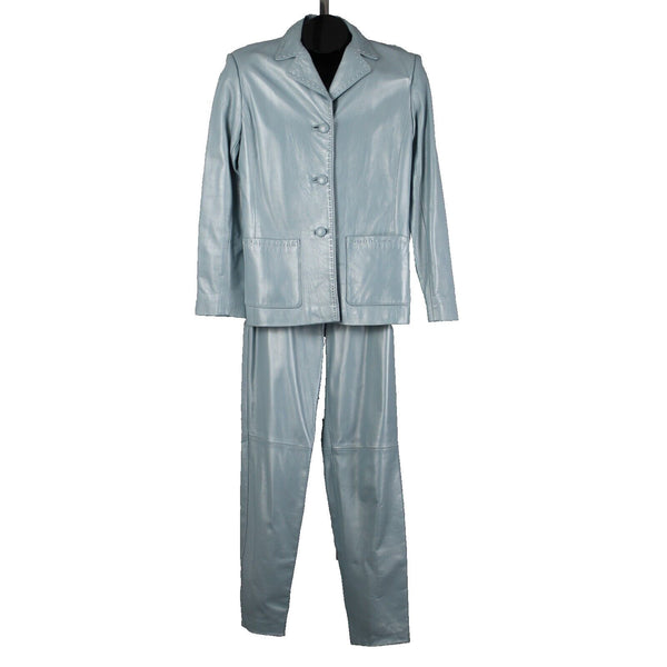 Dero By Rocco D'Amelio Sz XS 4 Sky Blue Pearlescent Lined Leather Pant Suit