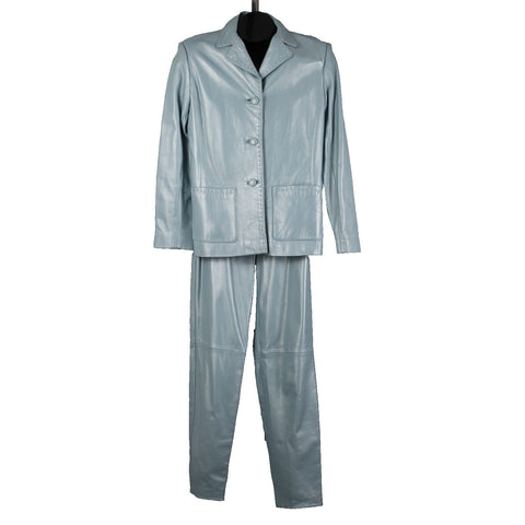 Dero By Rocco D'Amelio Sz XS 4 Sky Blue Pearlescent Lined Leather Pant Suit