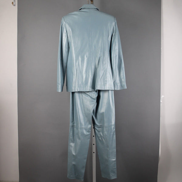Dero By Rocco D'Amelio Sz XS 4 Sky Blue Pearlescent Lined Leather Pant Suit