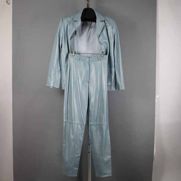 Dero By Rocco D'Amelio Sz XS 4 Sky Blue Pearlescent Lined Leather Pant Suit