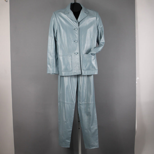 Dero By Rocco D'Amelio Sz XS 4 Sky Blue Pearlescent Lined Leather Pant Suit