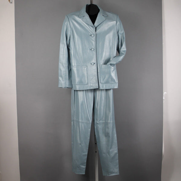 Dero By Rocco D'Amelio Sz XS 4 Sky Blue Pearlescent Lined Leather Pant Suit