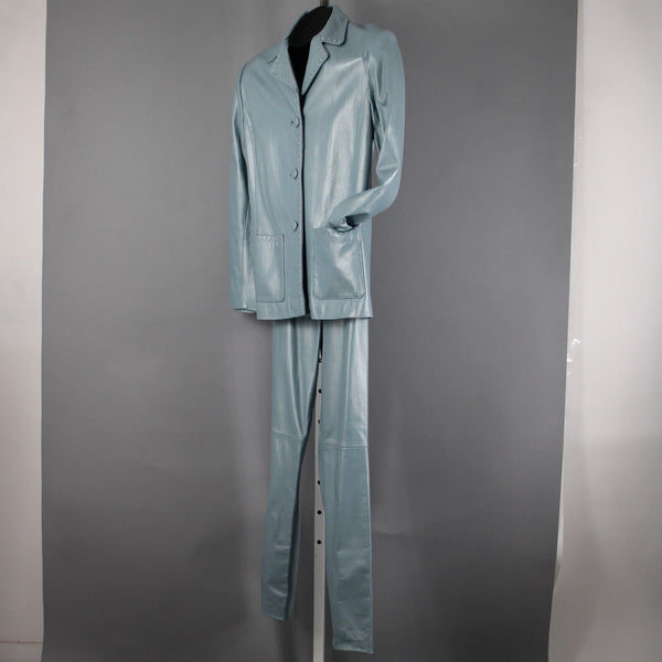 Dero By Rocco D'Amelio Sz XS 4 Sky Blue Pearlescent Lined Leather Pant Suit