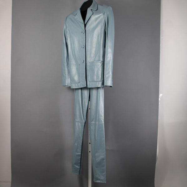 Dero By Rocco D'Amelio Sz XS 4 Sky Blue Pearlescent Lined Leather Pant Suit